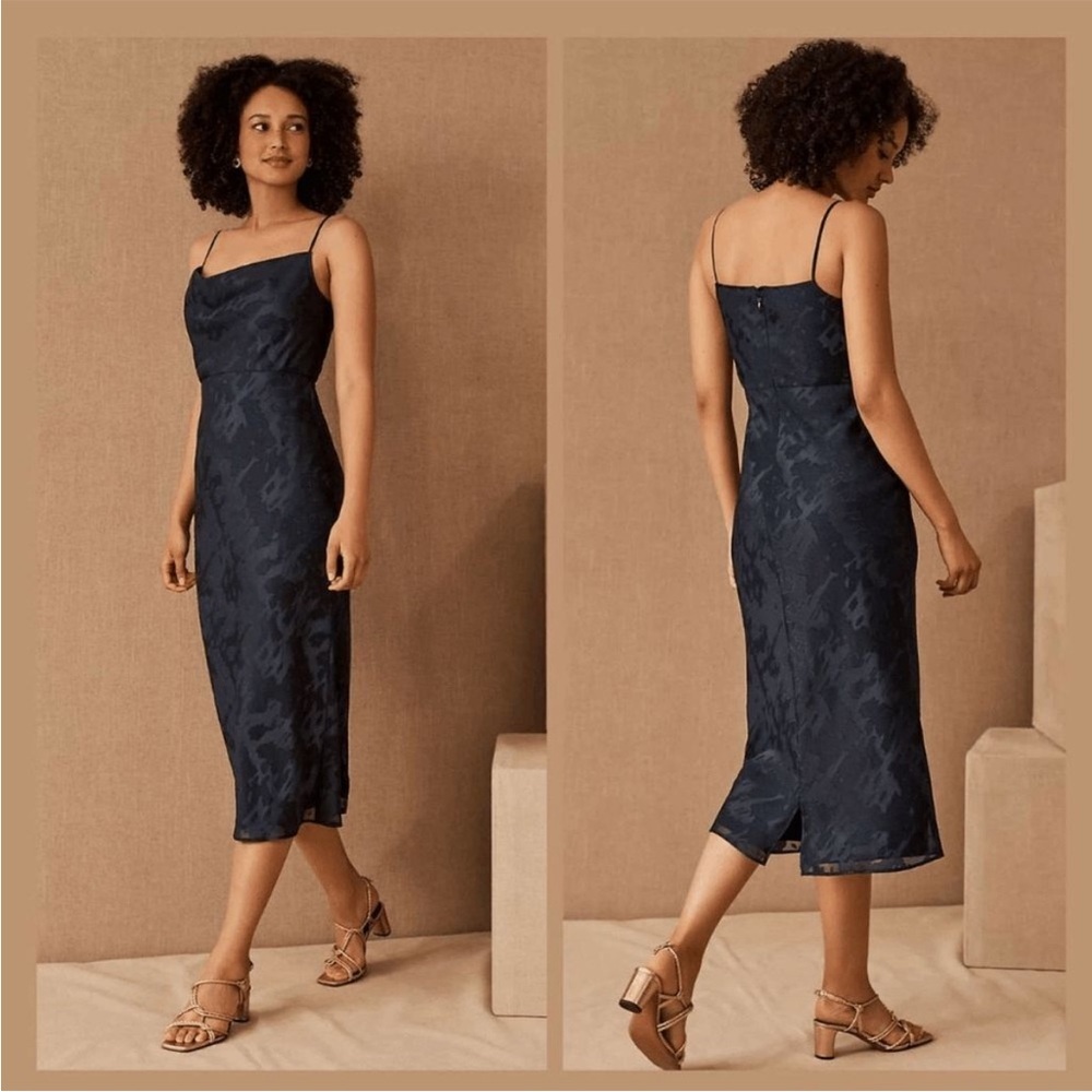Anthropologie Hutch x BHLDN Kinsey Midi Dress in Navy Blue Floral Jacquard Sz 0